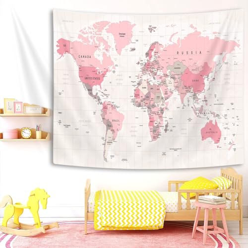 VeiVian Pink World Map Tapestry, Map of World Vintage Topography Educational Tapestries Posters for College Kids Student Dorm Wall Art, Geographical Travel Map Tapestry for Girl Bedroom Nursery Decor, 40X30in - Image 2
