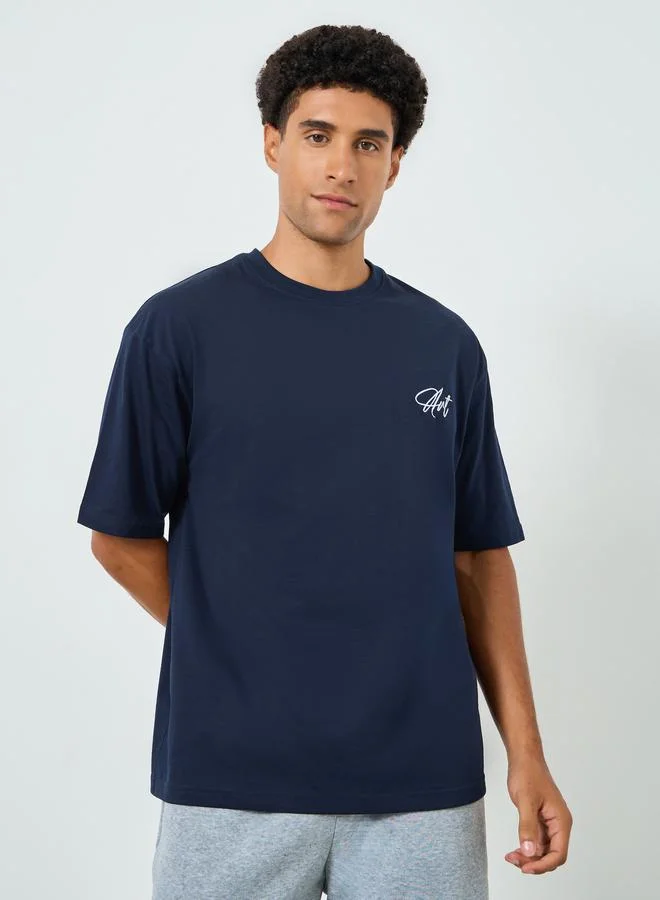 Styli Men Navy Blue Oversized Embroidered T-Shirt
