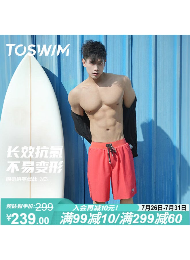 Toswim Men's Swim Trunks Surfing Knee-length Anti-embarrassment Loose Beach Shorts Orange Red XL - Image 1