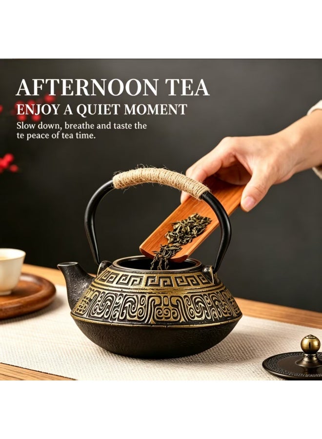 Vintage Cast Iron Teapot, 0.9L, Black with Golden Hui Pattern, Rope Handle - Image 2