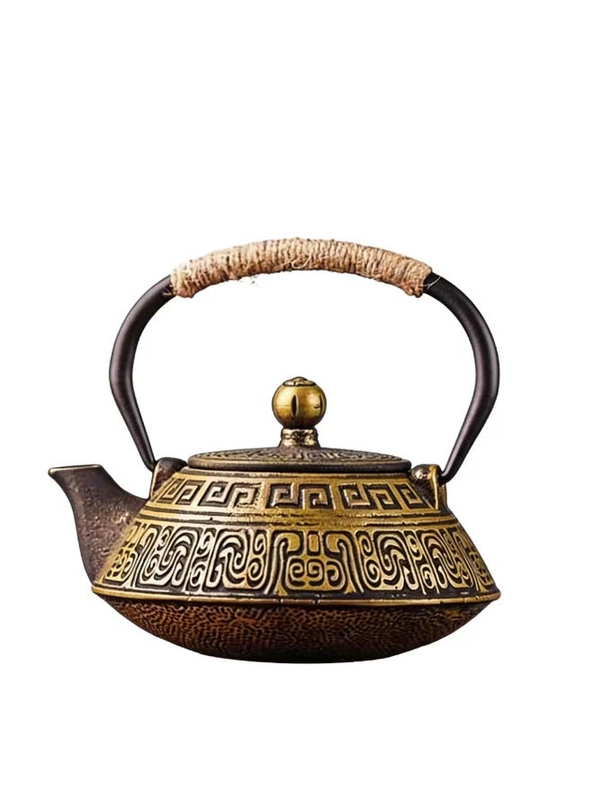Vintage Cast Iron Teapot, 0.9L, Black with Golden Hui Pattern, Rope Handle - Image 1