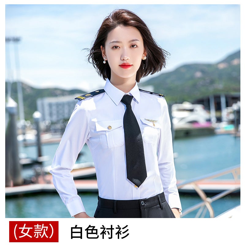 Long Sleeve Aviation Uniform Pilot Shirt (Women) white shirt aircraft buckle 