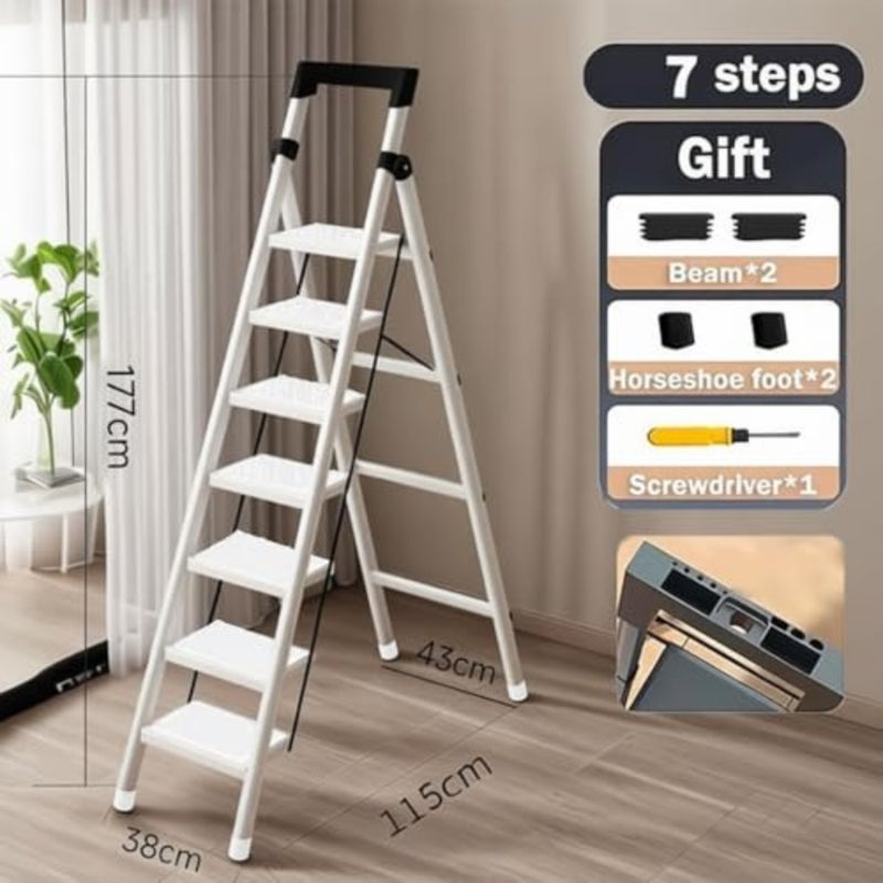 Step Ladder, Folding Step Stool with Anti-Slip Wide Pedal, 150 lbs Portable Square Head Ladder for Home, Kitchen and Outdoor White, 7 Steps - Image 2