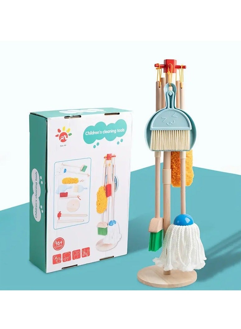 Wooden Cleaning Toy Set for Kids - Includes Broom, Mop, Duster, and Organizer, Housekeeping STEM Toys - Image 1