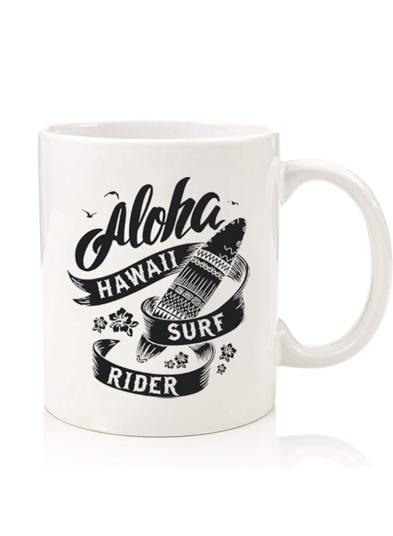 Theodor فنجان قهوة مطبوع بجودة ممتازة من الجهتين لكوب الشاي للاستخدام المنزلي والمكتبي، للأطفال والرجال والنساء، ألوها هاواي راكب الأمواج أسود - Image 1