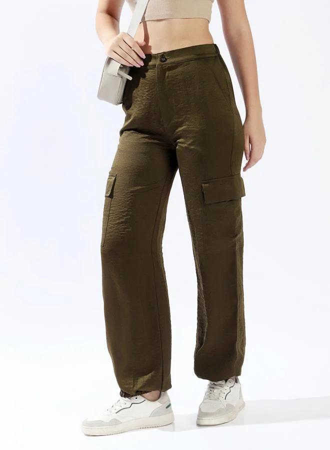 HIGH STAR Women Relaxed Loose Fit High-Rise Cargo Textured Satin Jogger Trousers