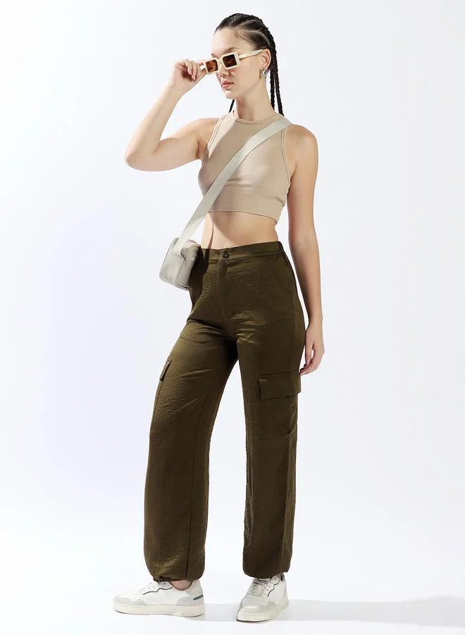 HIGH STAR Women Relaxed Loose Fit High-Rise Cargo Textured Satin Jogger Trousers