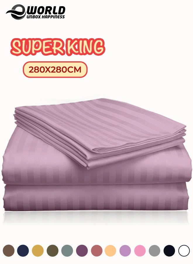 Eworld 3 Piece Super King Pink Striped Bed Sheet Set – Ultra-Soft Microfiber Striped Sheet & 2 Pillowcases, Breathable Luxury Bedding for Home & Hotel Use - Image 1