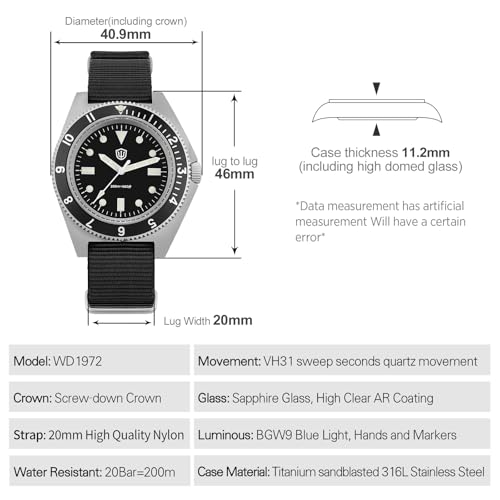 watchdives VH31 Quartz Watch, WD1972 Military Diver Watches Sapphire Crystal Luxury Wristwatch 200m Waterproof Watch for Men (Black/with Logo New) - Image 2