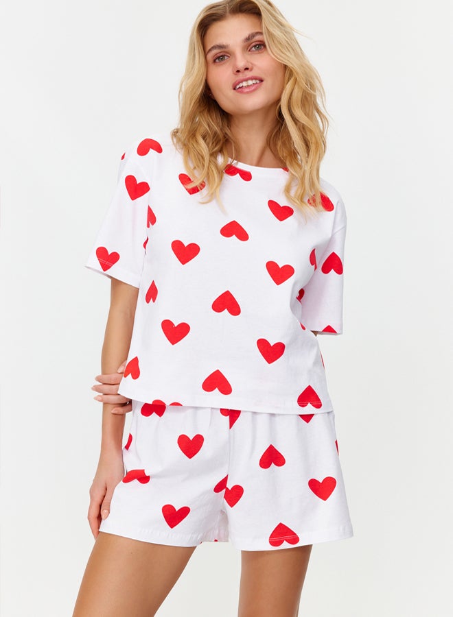 trendyol White 100% Cotton Heart Knitted Pajama Set THMSS24PT00029 - Image 1