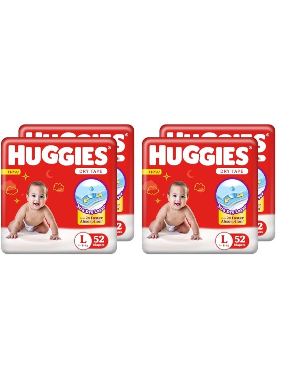 Huggies Dry Tape | Adjustable Tape Style Unisex Diapers, Large (L) Size (9-14 Kgs), Pack of 52*3 | Up To 2X Faster Absorption, Up To 12 Hours Overnight Absorption