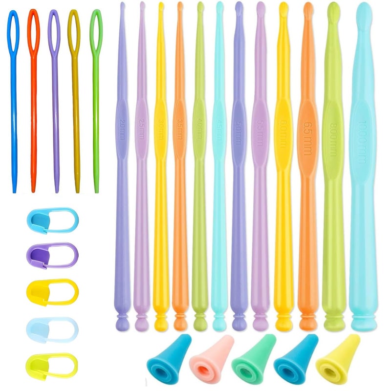 Tusmad 9 PCS Crochet Hooks, Ergonomic Handle Crochet Hooks Set for Arthritic Hands, Comfortable Smooth Crochet Needles Extra Long Knitting Needles with Includes 5 Stitch Markers, Multicolor (27) - Image 1