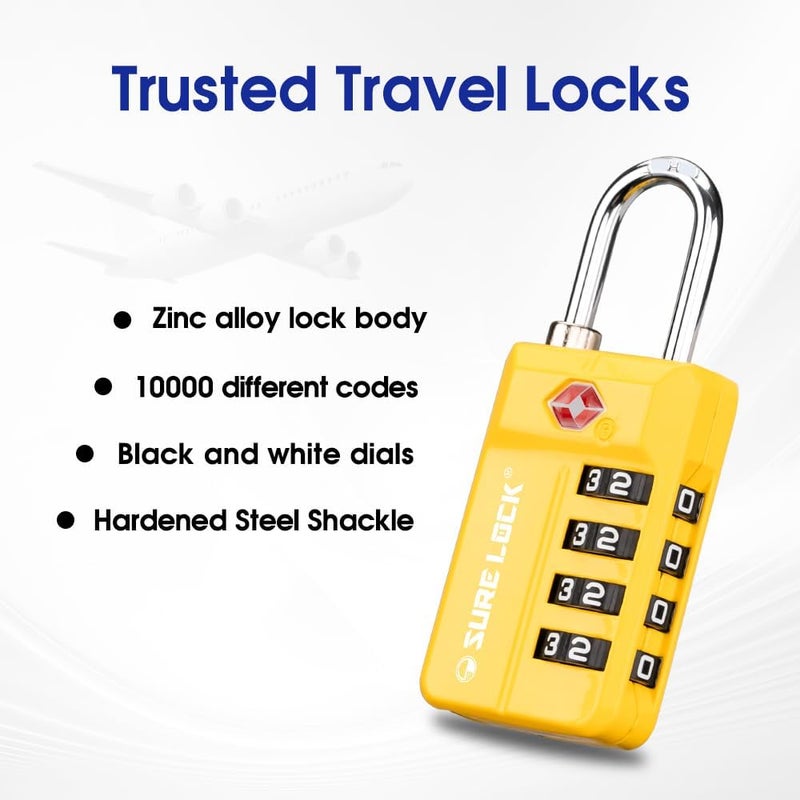SURE LOCK TSA Approved Travel Luggage Locks, Open Alert Combination Lock for School Office & Gym Locker ,Toolbox, Pelican Case,Easy Read Dials- 1, 2 & 4 Pack (1, Yellow 1 Pack) - Image 2