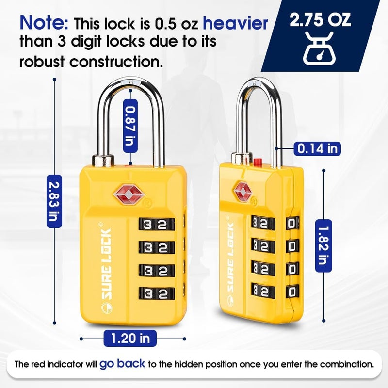 SURE LOCK TSA Approved Travel Luggage Locks, Open Alert Combination Lock for School Office & Gym Locker ,Toolbox, Pelican Case,Easy Read Dials- 1, 2 & 4 Pack (1, Yellow 1 Pack) - Image 3