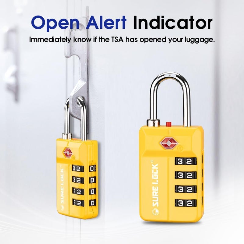 SURE LOCK TSA Approved Travel Luggage Locks, Open Alert Combination Lock for School Office & Gym Locker ,Toolbox, Pelican Case,Easy Read Dials- 1, 2 & 4 Pack (1, Yellow 1 Pack) - Image 4