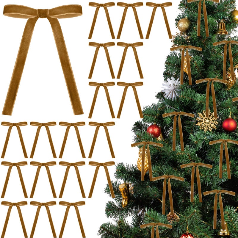 Glitinsel 24 Pcs Velvet Bows Christmas Tree Ornaments Vintage Velvet Ribbon Bows for Tree Garland Wreath Indoor Xmas Decorations5 x 7 Inch Width of 58Khaki