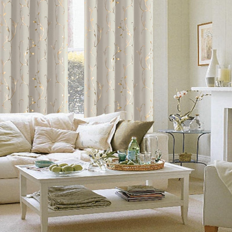 BUHUA Blackout Curtains Gold Foil Print Flower Vine Grommet Drapes, Room Darkening Thermal Insulated Curtains, Noise Reducing Curtain for Bedroom, Natural, 52Wx63L, 2 Panels - Image 3
