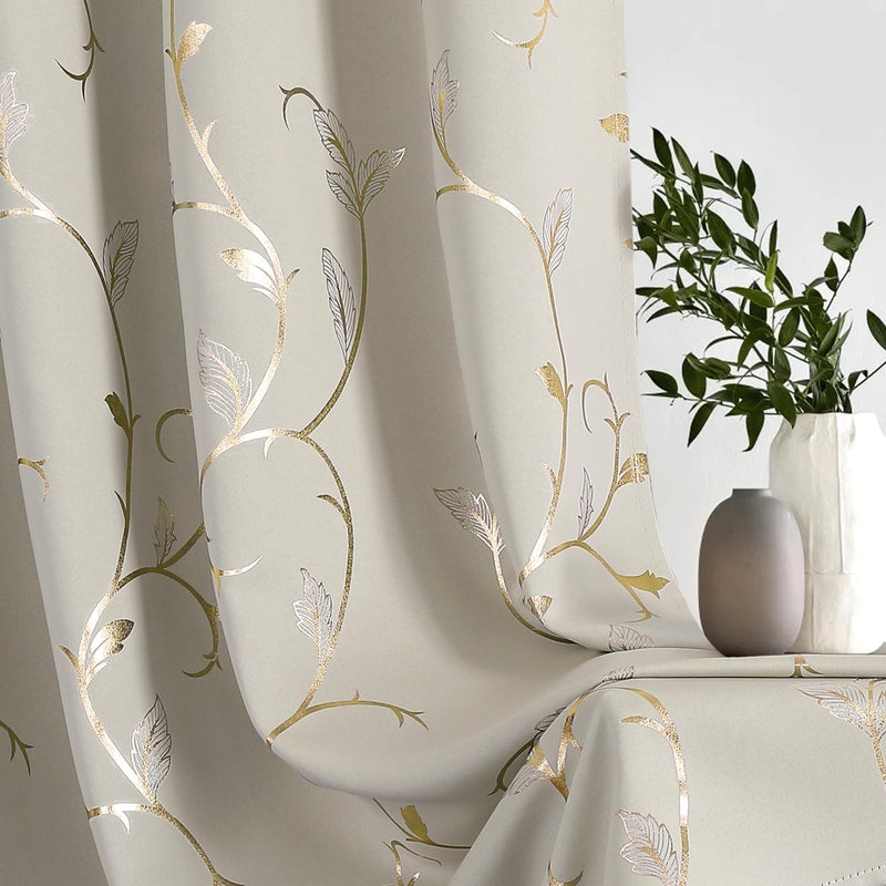 BUHUA Blackout Curtains Gold Foil Print Flower Vine Grommet Drapes, Room Darkening Thermal Insulated Curtains, Noise Reducing Curtain for Bedroom, Natural, 52Wx63L, 2 Panels - Image 4