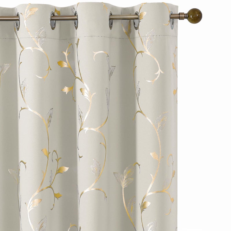 BUHUA Blackout Curtains Gold Foil Print Flower Vine Grommet Drapes, Room Darkening Thermal Insulated Curtains, Noise Reducing Curtain for Bedroom, Natural, 52Wx63L, 2 Panels - Image 1