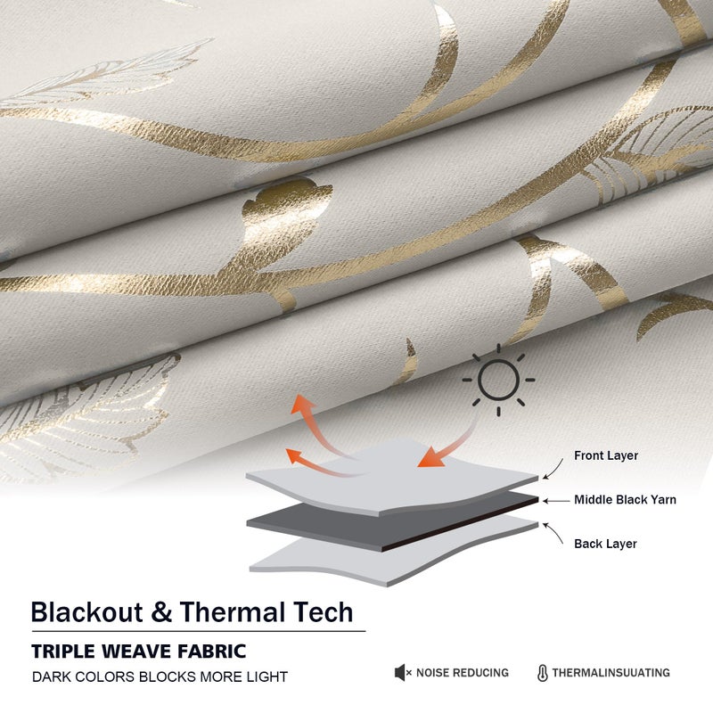 BUHUA Blackout Curtains Gold Foil Print Flower Vine Grommet Drapes, Room Darkening Thermal Insulated Curtains, Noise Reducing Curtain for Bedroom, Natural, 52Wx63L, 2 Panels - Image 5