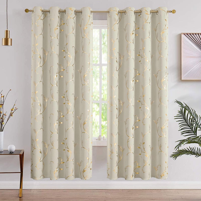 BUHUA Blackout Curtains Gold Foil Print Flower Vine Grommet Drapes, Room Darkening Thermal Insulated Curtains, Noise Reducing Curtain for Bedroom, Natural, 52Wx63L, 2 Panels - Image 2