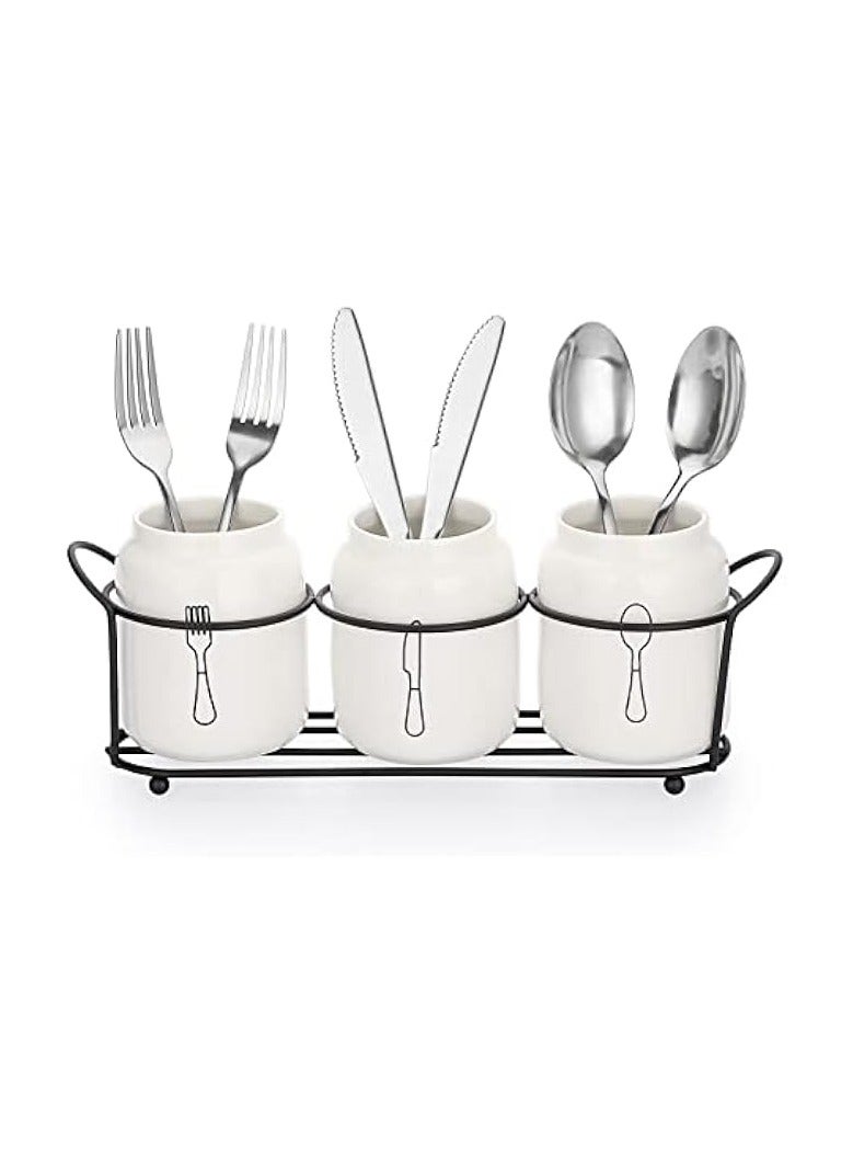 Green Tiger 3-Piece Ceramic Silverware Caddy with Metal Rack, White Utensil Holder Flatware Caddy Cutlery Storage Organizer for Kitchen Table, Cutlery Organizer Flatware Caddy for Countertop - Image 1