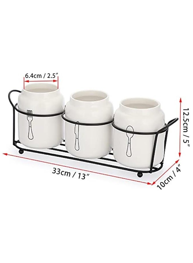 Green Tiger 3-Piece Ceramic Silverware Caddy with Metal Rack, White Utensil Holder Flatware Caddy Cutlery Storage Organizer for Kitchen Table, Cutlery Organizer Flatware Caddy for Countertop - Image 2