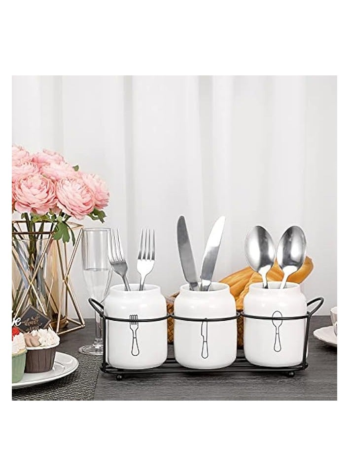 Green Tiger 3-Piece Ceramic Silverware Caddy with Metal Rack, White Utensil Holder Flatware Caddy Cutlery Storage Organizer for Kitchen Table, Cutlery Organizer Flatware Caddy for Countertop - Image 3