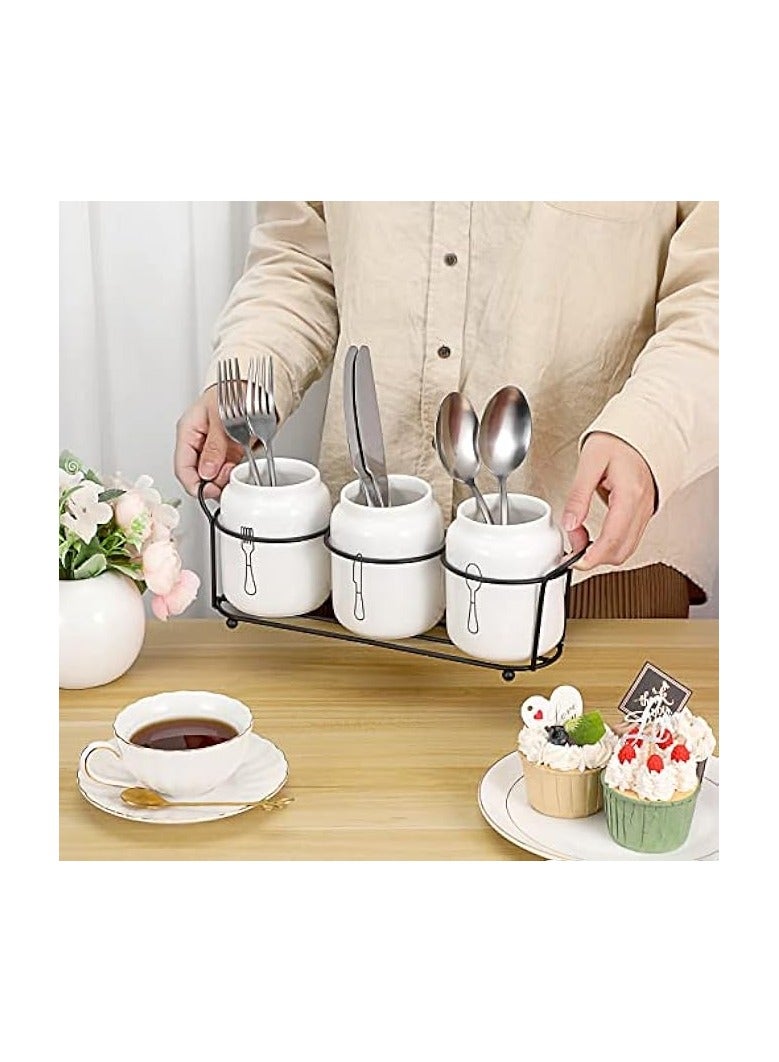 Green Tiger 3-Piece Ceramic Silverware Caddy with Metal Rack, White Utensil Holder Flatware Caddy Cutlery Storage Organizer for Kitchen Table, Cutlery Organizer Flatware Caddy for Countertop - Image 4