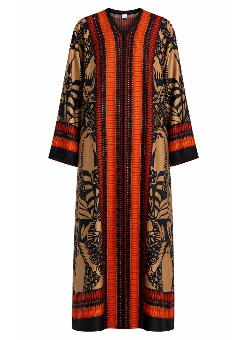 Amnad International Amnad Women's Luxury Silk Feel Printed Open Front Abaya with Matching Hijab, Botanical Print, Sizes 52-60 inches