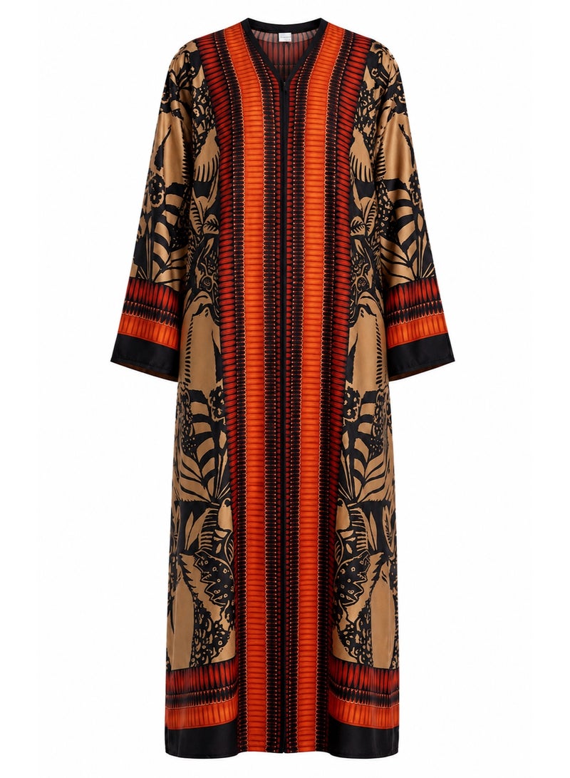 Amnad International Amnad Women's Luxury Silk Feel Printed Open Front Abaya with Matching Hijab, Botanical Print, Sizes 52-60 inches - Image 1