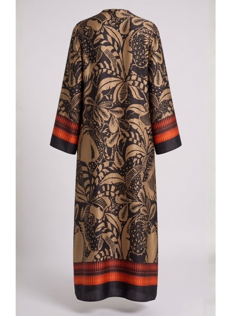 Amnad International Amnad Women's Luxury Silk Feel Printed Open Front Abaya with Matching Hijab, Botanical Print, Sizes 52-60 inches - Image 3