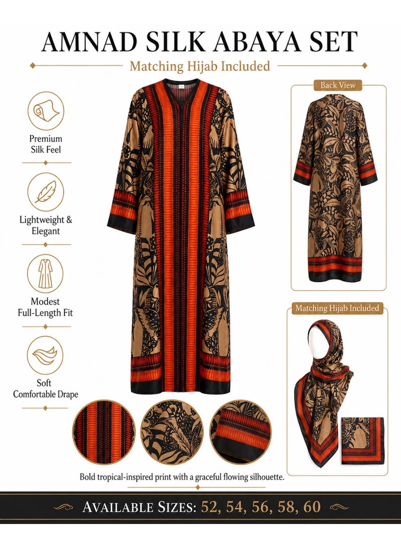 Amnad International Amnad Women's Luxury Silk Feel Printed Open Front Abaya with Matching Hijab, Botanical Print, Sizes 52-60 inches - Image 5