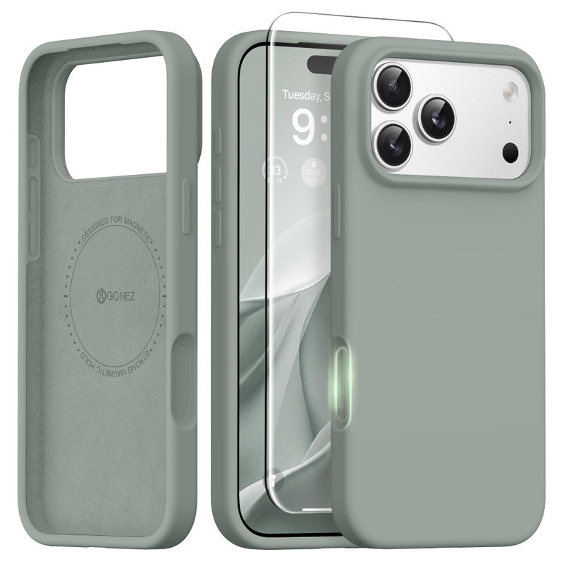 GONEZ Magnetic for iPhone 17 Pro Max Case Compatible with MagSafe AntiScratch Microfiber Lining Screen Protector Silicone Camera Control Shockproof Slim Phone Cover 69 inch Calke Green - Image 3
