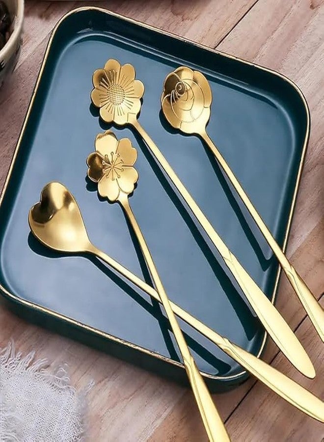 Metreno Premium Gold Spoon Stainless Steel Spoon Set with Floral and Heart Design Long Handle Coffee Tea Dessert Spoon Luxury Stirring Spoon 4 pcs Set - Image 1