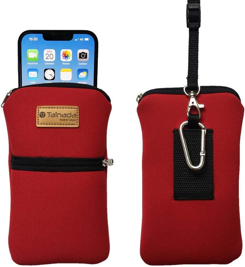 Tainada Men Women Phone Neoprene Shockproof Zipper Sleeve Case Bag Pouch with Carabiner, Neck Lanyard, Belt Loop Holster for iPhone 16/15 Pro Max, 16/15 Plus, 16e ; Samsung S25+, S24, Z Fold7, 6 (Red) - Image 1