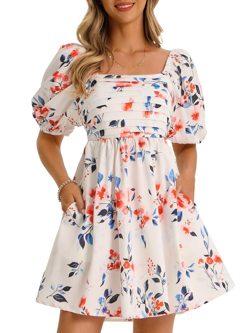 Wenrine Womens Summer Square Neck Mini Dresses Casual Floral Puff Short Sleeve Smocked High Waisted A-Line Babydoll Dress White - Image 1