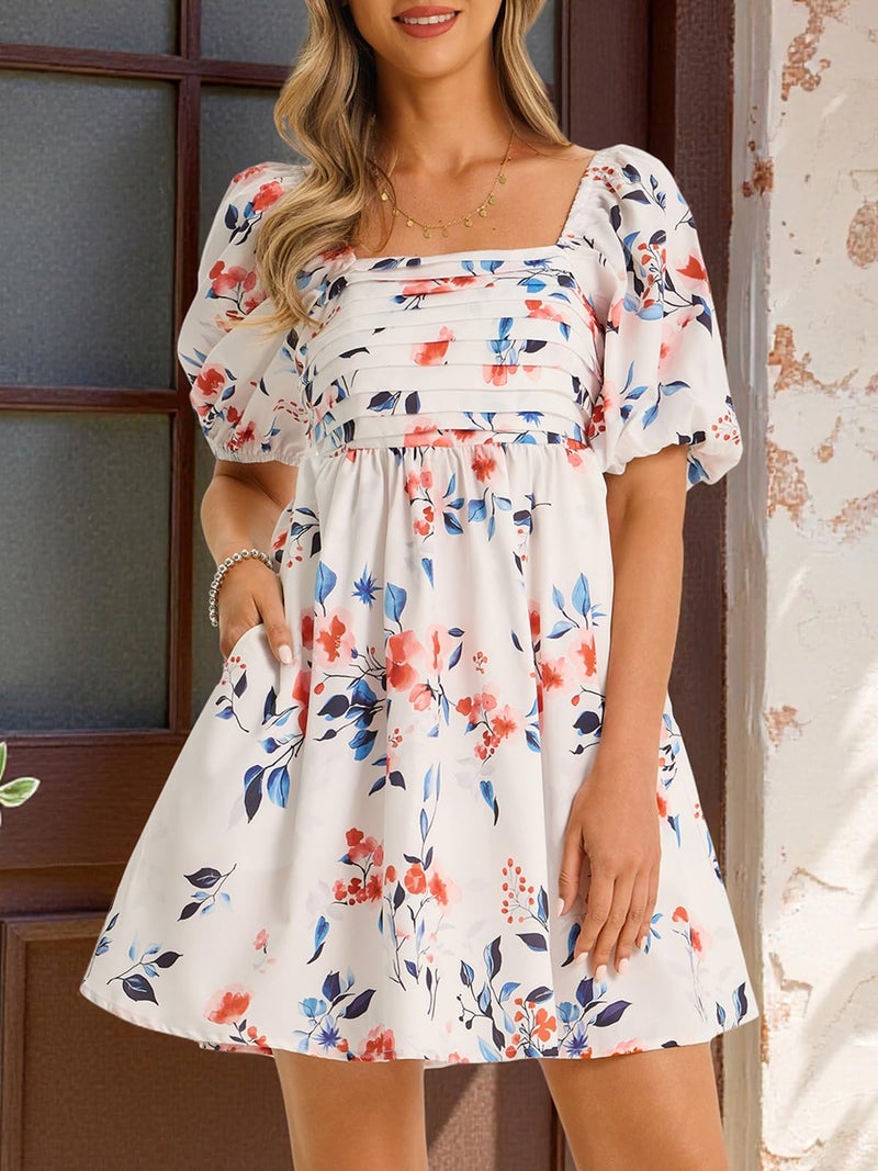 Wenrine Womens Summer Square Neck Mini Dresses Casual Floral Puff Short Sleeve Smocked High Waisted A-Line Babydoll Dress White - Image 3
