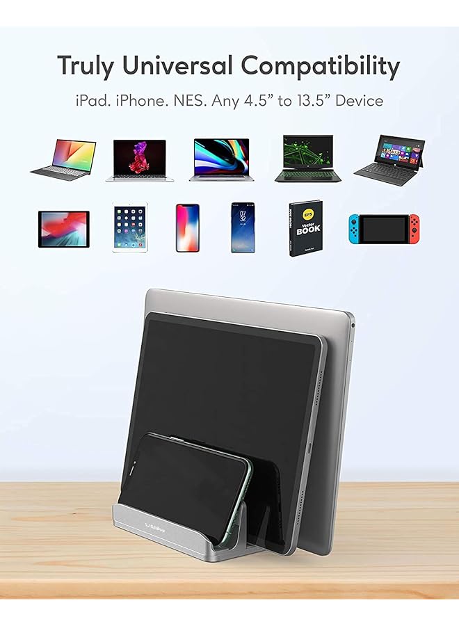 SMILEE Vertical Laptop Stand For Desk Heavy Duty Polished Aluminum Desktop Holder For Laptop Tablet And Phone 3 Slots Silver - Image 2