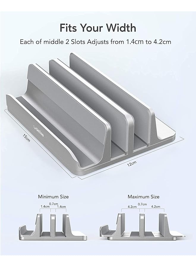 SMILEE Vertical Laptop Stand For Desk Heavy Duty Polished Aluminum Desktop Holder For Laptop Tablet And Phone 3 Slots Silver - Image 3