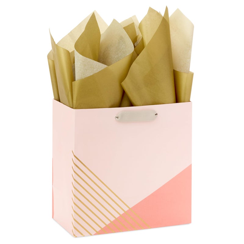 Hallmark Signature Studio 7" Medium Square Gift Bag with Tissue Paper (Coral, Blush Pink, Gold Stripes) for Valentine's Day, Birthdays, Mother's Day, Bridal Showers, Weddings, Baby Showers and More - Image 1