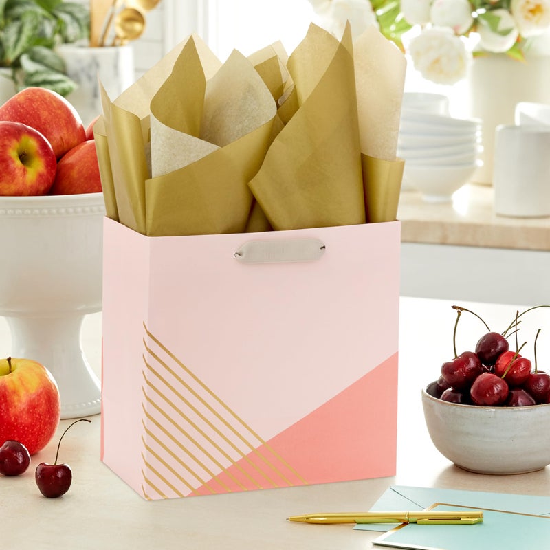 Hallmark Signature Studio 7" Medium Square Gift Bag with Tissue Paper (Coral, Blush Pink, Gold Stripes) for Valentine's Day, Birthdays, Mother's Day, Bridal Showers, Weddings, Baby Showers and More - Image 2