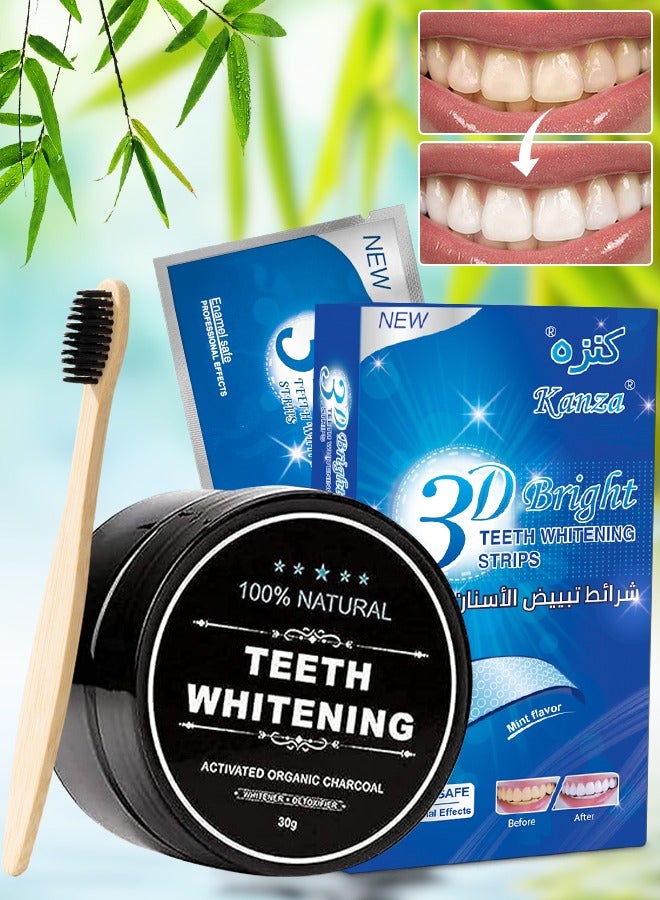 Kanza Teeth Whitening Set 100% Genuine Branded PAP+ Teeth Whitening Strips 14 Treatments Charcoal Teeth Whitening Powder with Toothbrush Professional Teeth Whitener for Teeth Enamel & Stains Removal Unisex - Image 1