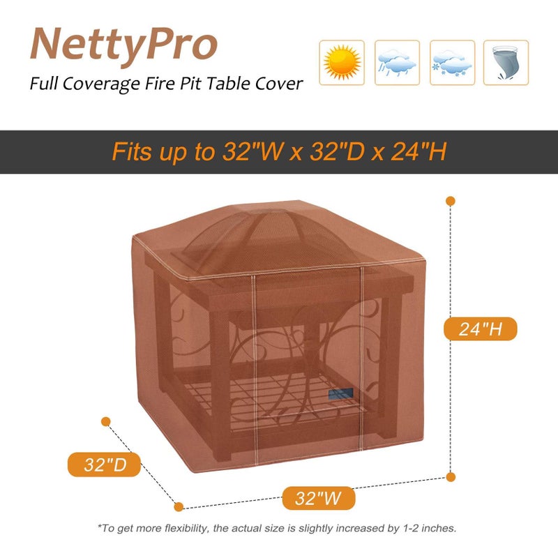 NettyPro Fire Pit Cover Square Waterproof Outdoor Firepit Cover for Gas Propane Fire Pit Table, 32 x 32 x 24 inch, Brown - Image 2