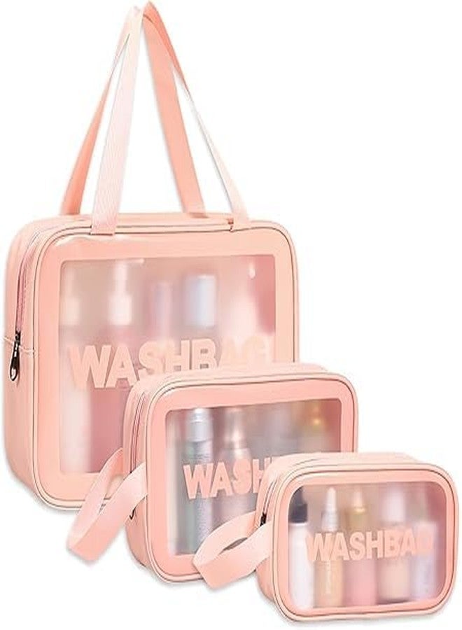 MECGREEN Wash Bag Pouch for Travel Kit Toiletry Bag Cosmetic Bag Make Up Box for Brushes, Accessories with Handle, Large Capacity Translucent Waterproof Travel Storage Organizer Set of 3 (Muticolor) - Image 3