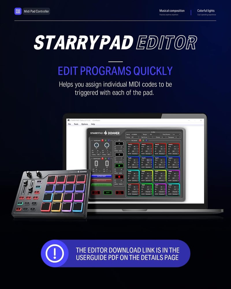 Donner MIDI Pad Beat Maker with 16 Beat Pads, 2 Assignable Fader & Knobs and Music Production Software Included, USB MIDI Pad Controller STARRYPAD with 40 Free Courses - Image 5