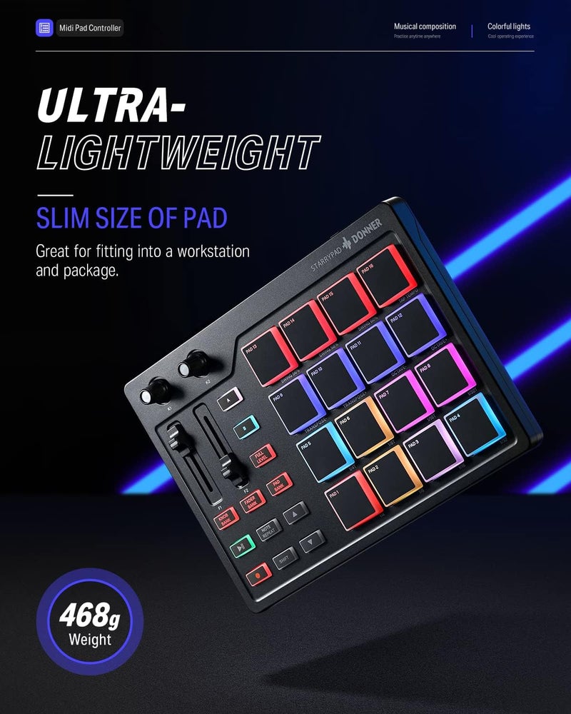 Donner MIDI Pad Beat Maker with 16 Beat Pads, 2 Assignable Fader & Knobs and Music Production Software Included, USB MIDI Pad Controller STARRYPAD with 40 Free Courses - Image 4