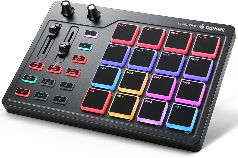 Donner MIDI Pad Beat Maker with 16 Beat Pads, 2 Assignable Fader & Knobs and Music Production Software Included, USB MIDI Pad Controller STARRYPAD with 40 Free Courses - Image 1