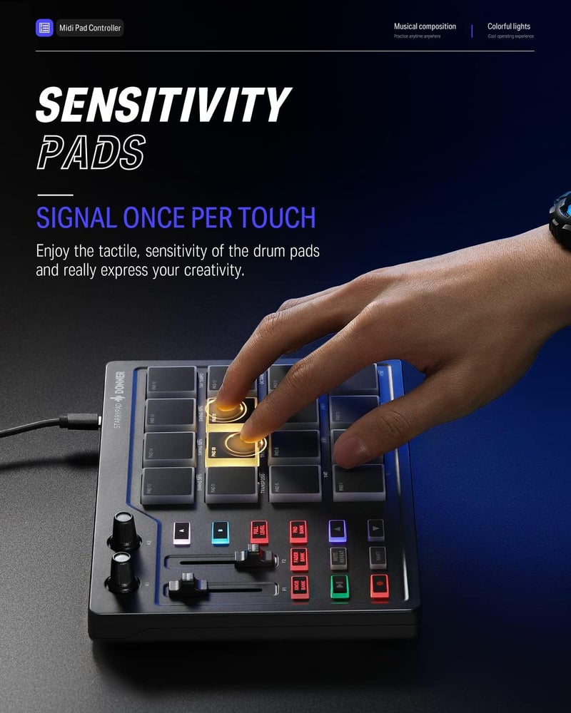Donner MIDI Pad Beat Maker with 16 Beat Pads, 2 Assignable Fader & Knobs and Music Production Software Included, USB MIDI Pad Controller STARRYPAD with 40 Free Courses - Image 2