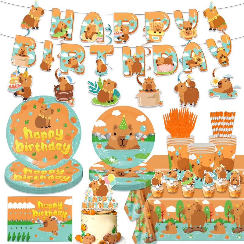 ANTFULCNl 162PCS Capybara Birthday Party Decorations Capybara Party Supplies Disposable Plates and Napkins Set TablewareBanner Hanging Swirls Tablecloth Cake Cupcake Topper Baby Shower - Image 2